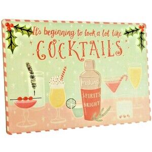 Christmas Cocktails Placemats Vinyl Foam Back Winter Vintage Look Set of 4 Drink
